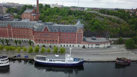 Stockholm city hall (Stadshuset) and skyline Stock Footage
