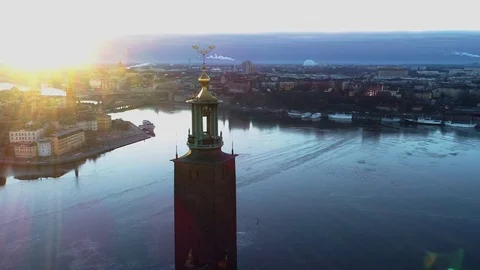 Stockholm City hall winter sunrise Stock Footage