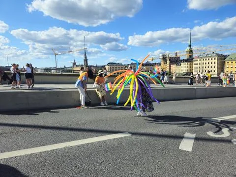 Stockholm, Sweden, August 1, 2026. Colorful Pride Parade March With Rainbow.. Stock Photos