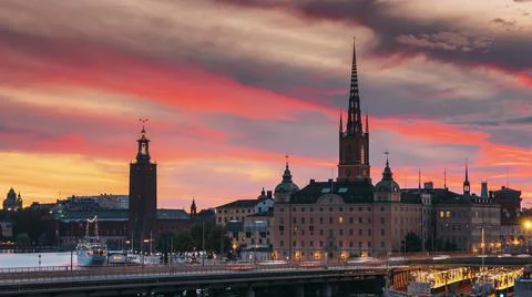 Stockholm, Sweden. Scenic View Of Stockholm Skyline At Summer Evening. Famous Stock Photos