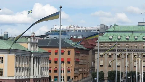Stockholm, Sweden, swedish flags in the wind Stock Footage