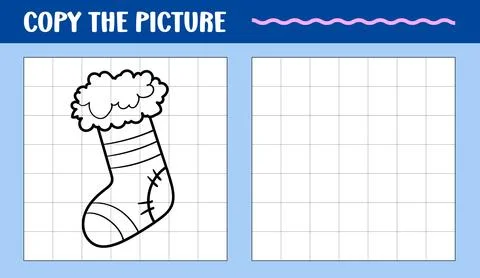 Stocking learn to draw educational game. Copy the picture printable worksheet Stock Illustration