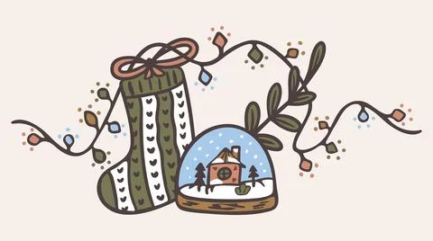 Stocking, snow globe and lights garland. Winter holiday. Christmas composition Stock Illustration