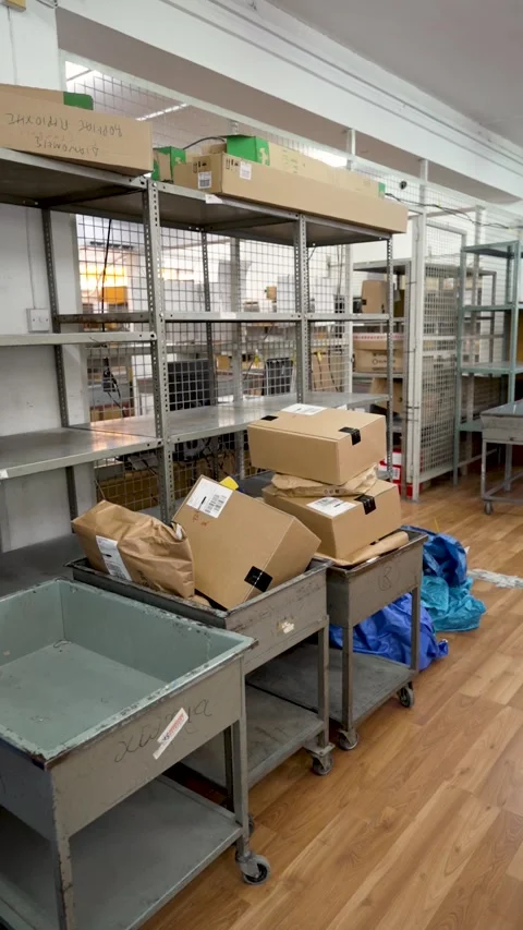 Stockroom organization at a local warehouse with boxes and empty shelves Stock Footage 345542084