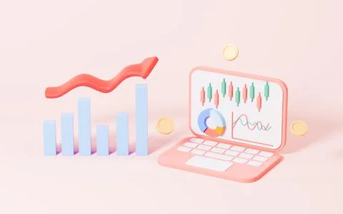 Stocks and statistical chart with laptop in the pink background, 3d rendering Stock Illustration
