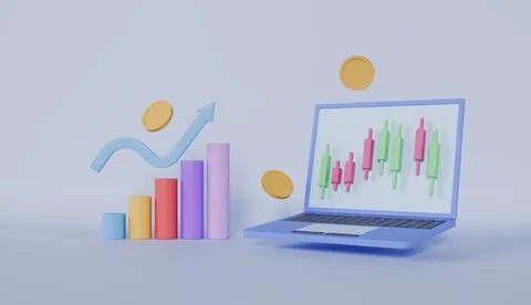 Stocks and statistical chart with laptop, exchange trader with money coin Stock Illustration