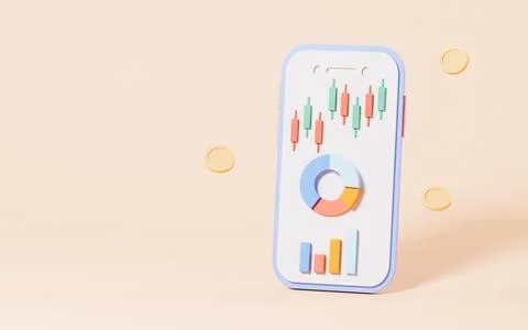 Stocks and statistical chart with mobile phone in the pink background, 3d r.. Stock Illustration