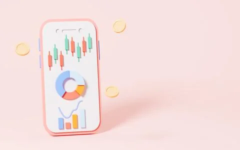 Stocks and statistical chart with mobile phone in the pink background, 3d r.. Stock Illustration