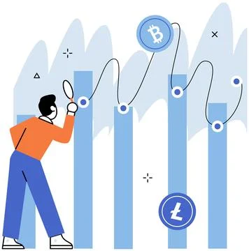 Stocks market graph crypto chart and man bitcoin trader. Technical analysis c Stockillustratie