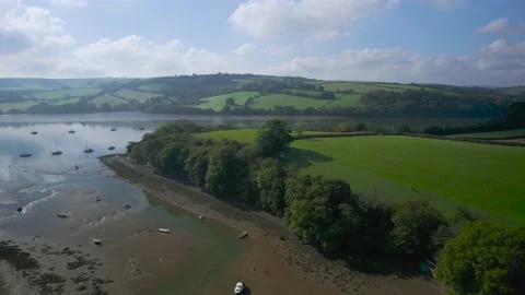 Stoke Gabriel and River Dart from a drone, Devon, England, Europe 動画素材 163187728