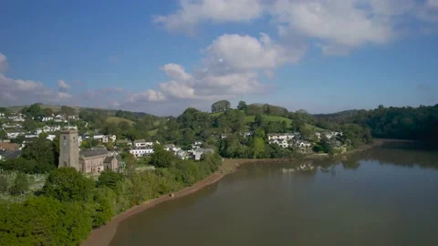 Stoke Gabriel and River Dart from a drone, Devon, England, Europe Stockbeeldmateriaal 163281296