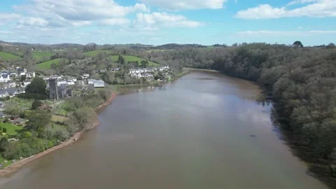 Stoke Gabriel, South Devon, England: DRONE VIEWS: Stoke Gabriel &amp; the Mill Pool Stock Footage 238990731