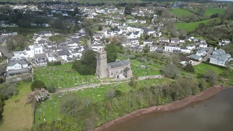Stoke Gabriel, South Devon, England: DRONE VIEWS: Riverside village and church Stock Footage 238990899
