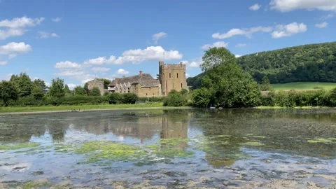 Stokesay Castle, reflected in a pond, Shropshire, England, UK Video stock 280438574