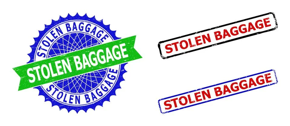 STOLEN BAGGAGE Rosette and Rectangle Bicolor Seals with Unclean Textures Stock Illustration