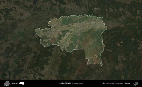 Stolin District highlighted, Belarus. Sentinel - World Cover Mosaic. January Stock Illustration
