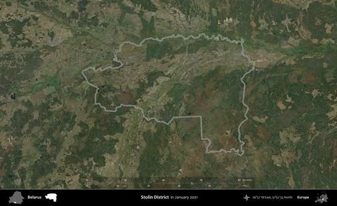 Stolin District outlined, Belarus. Sentinel - World Cover Mosaic. January 2021 Stock Illustration