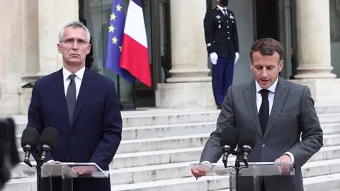 Stoltenberg and Macron meet at the Elysee ahead of NATO summit in June, FRANCIA, Stock Footage 204032810