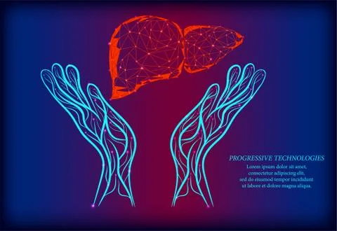 Stomach between two human hands, low poly concept. Treatment of the stomach u Stock Illustration
