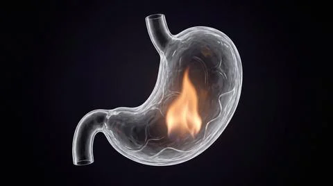 Stomach with fire inside, concept of heartburn, gastritis or indigestion. Stock Illustration