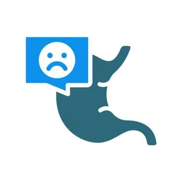 Stomach with sad face in chat bubble colored icon. Diseased gastrointestinal Stock Illustration
