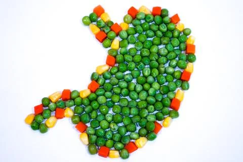 Stomach Shape Using Peas, Corn &amp; Carrots – Fun Food Art for Health Education Stock Photos