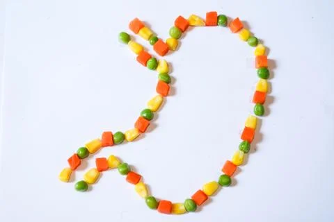 Stomach Shape Using Peas, Corn &amp; Carrots – Fun Food Art for Health Education Stock Photos