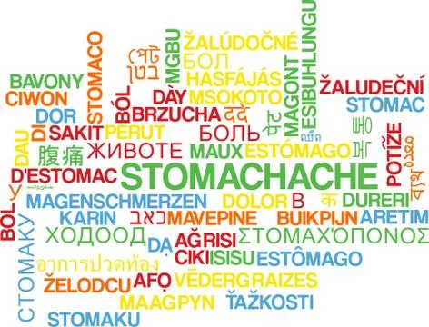 Stomachache multilanguage wordcloud background concept Stock Illustration