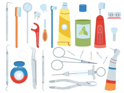 Stomatology tools. Dentist objects, toothbrush and dental surgery equipments Stock Illustration