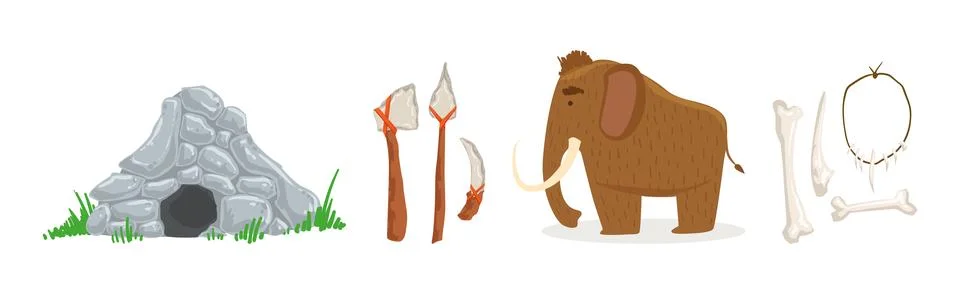 Stone Age Ancient Tool and Mammoth Animal Vector Set Stock Illustration