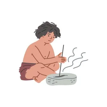 Stone age boy making fire with rock and stick, flat vector illustration isolated Illustrazione stock
