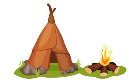 Stone Age Elements with Hut and Burning Firewoods Vector Set Stock Illustration