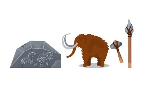 Stone Age Elements with Mammoth Animal and Cave with Rock Engraving Vector Set Stock Illustration