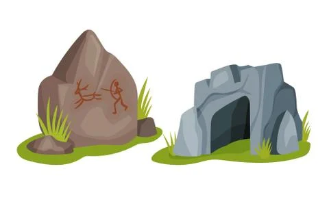 Stone Age Elements with Stone Cave as Shelter Vector Set Stock Illustration
