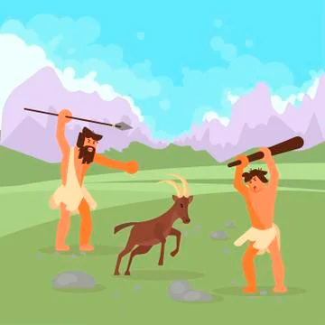 Stone age hunters vector flat illustration Stock Illustration