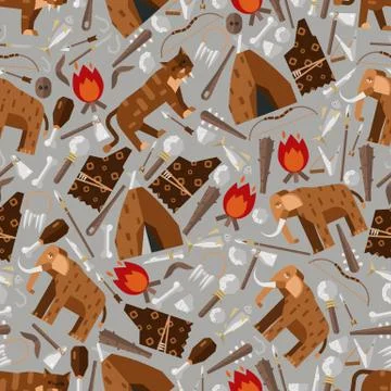 Stone age icons in seamless pattern, vector illustration. Simple flat style Illustrazione stock