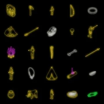 Stone age icons set vector neon イラスト素材