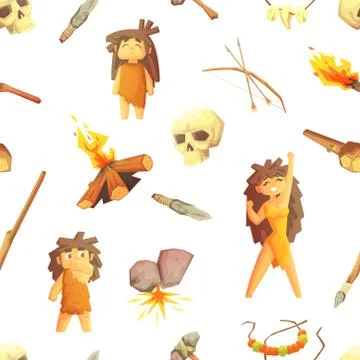 Stone Age Seamless Pattern with Prehistoric People and Hunting Tools, Design Illustrazione stock
