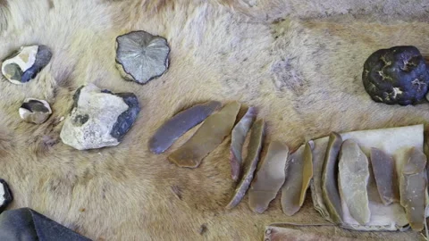 Stone Age tools, such as stone tools, hand axes, wedge knives Stock-Footage 328363578