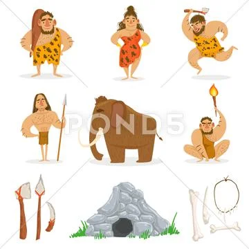 Stone Age Tribe People And Related Objects Stock Illustration
