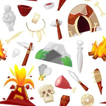 Stone age vector primeval neanderthal stoned weapon axe and prehistoric Stock Illustration