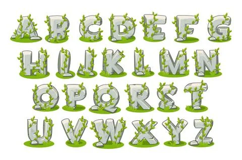 Stone alphabet with grass, set for learning Stock Illustration
