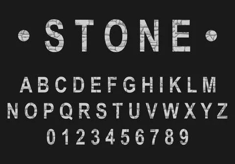 Stone alphabet vector font cobblestone texture letters and numbers set Stock Illustration