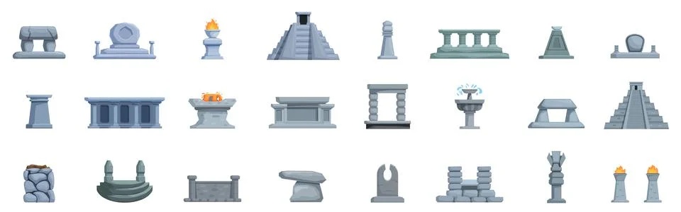 Stone altar icon set. Exploring ancient ruins, a collection of mayan and az.. Ilustración de archivo
