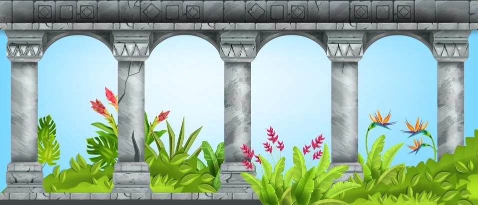 Stone ancient arch, vector marble pillar background, green tropical garden Stock Illustration