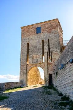 Stone And Bricks Gate Tower Of Novilara Italy Stock Photos