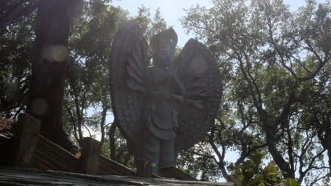 Stone Angel Statue With Open Wings Against Sunlit Forest, Eden Garden Portugal 스톡 동영상 337022702