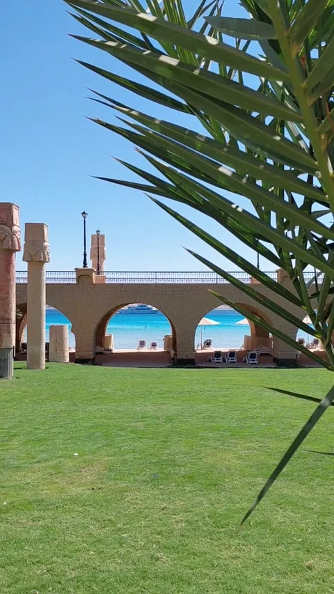 Stone arch bridge and columns with sea view in Sahl Hasheesh Stock Footage 337540105