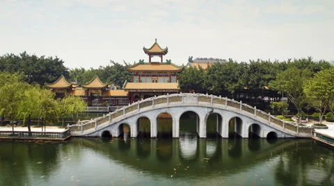 Stone arch bridge and Pavilion Stock Footage