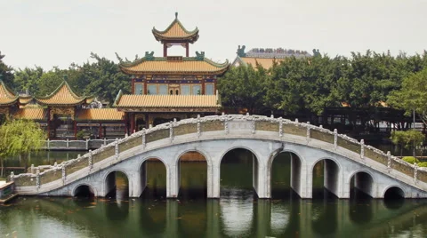 Stone arch bridge and Pavilion 03 Stock Footage 3274635